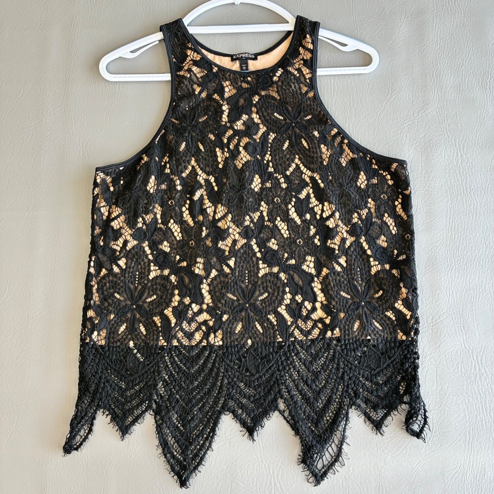 Express Black Floral Crochet Lace Sharkbite Hem Lined Tank Top XL 90105